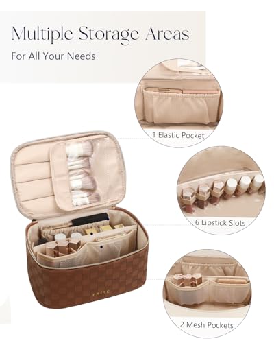 Prite Makeup Bag, Large Capacity Cosmetic Bag for Women and Girls, Waterproof PU Leather Travel Case with Handle, Divider for Skincare and Brushes - Checkered Brown - color: Checkered Brown