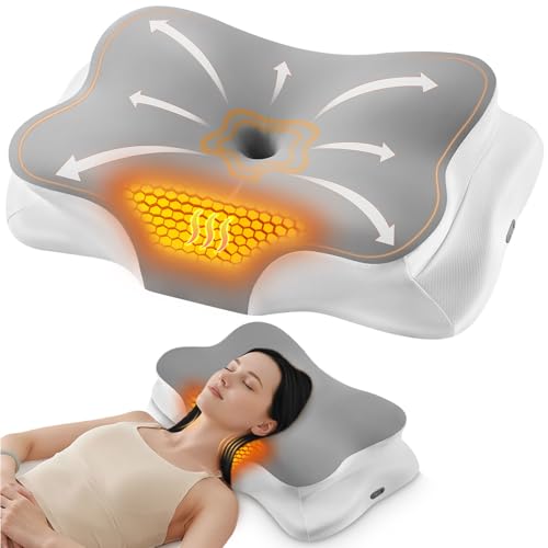 Heated Cervical Pillow for Neck Pain Relief, Ergonomic Contour Orthopedic Memory Foam Pillow for Neck Support, USB Heating with Adjustable Temp Settings - color: Grey