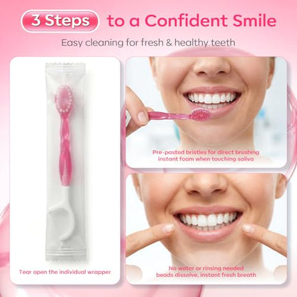 FAMILIFE Travel Toothbrush - 5 in 1 Mini Disposable Toothbrush with Toothpaste, Floss Picks & Tongue Scraper, Individually Wrapped Prepasted Brush for Weekend, Business Trip & Camping (Peach, 24pcs) - color: Peach 24 Pcs