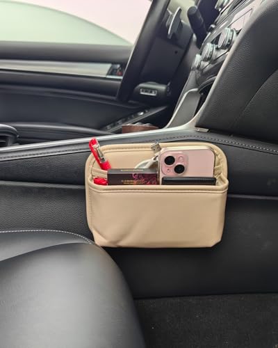 Driver's Car Storage Bag, Small Car Side Pocket Organizer for Car Seats, Doors and Consoles, PU Leather (Beige) - color: Beige