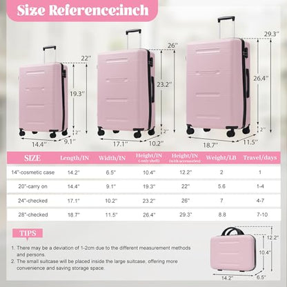 Merax Luggage Set 6 Piece,Lightweight Hardshell Suitcase with Double Spinner Wheels Handle Password Lock,14 IN Cosmetic Case 20/24/28 IN Luggages with Duffel Bag and Toiletry Bag,Pink - color: Pink, style: 14+20+24+28+bags
