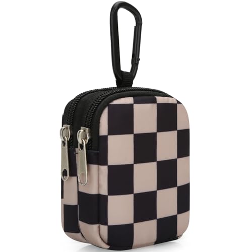 E-Tree Coin Purse with Carabiner Clip, Dual Layer Card Case Holder, Mini Pouch for AirPod Earphone Keychain USB Cable,Wallet, Small Accessories Organizer Bag for Women and Men (Brown Checkered) - color: Brown Checkered