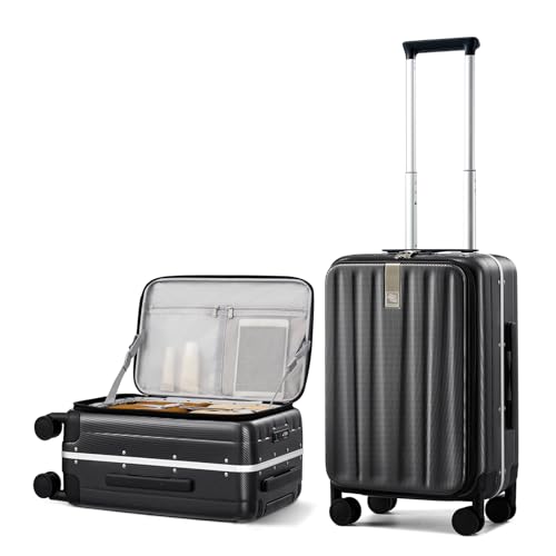 Hanke 20 Inch Carry-On Luggage PC Hard Shell Suitcases for Travel Front Opening Aluminum Frame Travel Luggage Rolling Suitcase with Wheels for Women Man Gifts.(Jet Black) - color: Black, size: 20 Inch