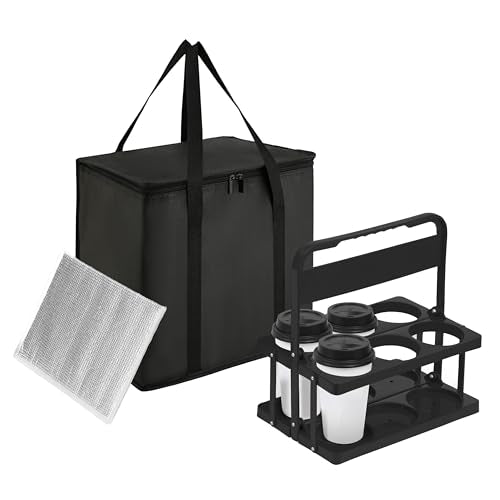 Reusable 6 Cup Drink Carrier with Handle and Insulated Food Delivery Bag, Portable Plastic Cup Caddy, 26L Grocery Cooler Box for Car Delivery, Travel, Picnic - color: Black
