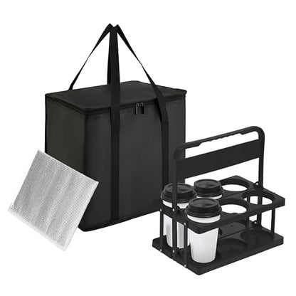 Reusable 6 Cup Drink Carrier with Handle and Insulated Food Delivery Bag, Portable Plastic Cup Caddy, 26L Grocery Cooler Box for Car Delivery, Travel, Picnic - color: Black