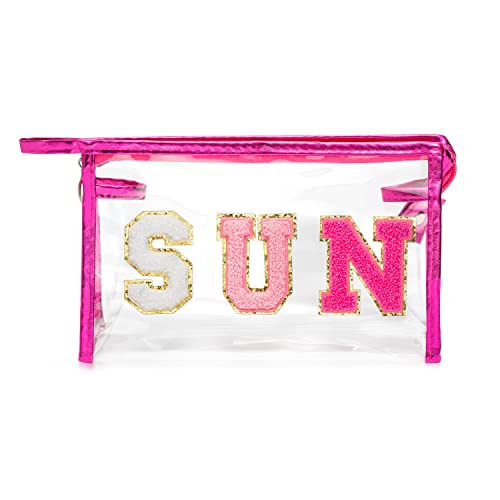 Y1tvei Preppy Patch SUN Varsity Letter Cosmetic Toiletry Bag Transparent PVC Zipper Makeup Bag Clutch Purse Portable Waterproof Travel Organizer Compliant Bag for Women Girls Teens(Rose Red) - color: Rose red SUN Rose Red
