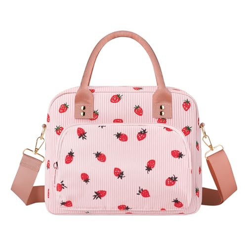 Lunch Bag Large Insulated Lunch Box for Women Adult Cute Pink Strawberry Lunchbox Corduroy Lunch Bags Boxes Pail with Shoulder Strap for Work Mom Picnic Office Travel 11.4×6.8×9.1 inches 11.5L - color: Pink Strawberry