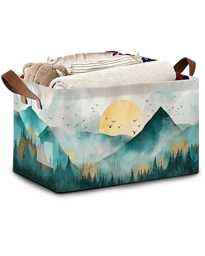 Abstract Mountains Collapsible Storage Box,Golden Sun Organizer Bin with Handles for Room Decoration,Bins Book Basket Box 17x11.5x10Inch - color: Abstract Mountains Golden Sun