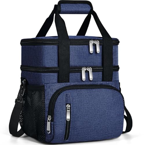 Insulated Lunch Bag for Men & Women, Double Leakproof Lunch Box Soft Cooler Tote with 5 Pockets, 600D Oxford, EVA Lining, Adjustable Strap for Work, Picnic, Beach&Travel-Navy Blue - color: Navy Blue, size: Double