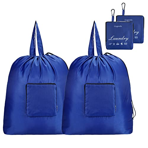 GOGOODA Travel Laundry Bags with Drawstring Closure XL Large Foldable Dirty Clothes bags with Handle Heavy Duty and Washable for College Dorm Travelling Camping, 2 Pack, Navy Blue - color: Navy Blue