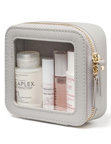 Popvibe Clear Makeup Bag Travel Cosmetic Case Transparent Toiletry Bag with Zipper, Portable Make Up Organizer Traveling Compact Car Bag for Essentials - color: Beige Grey, style: Mini Chic