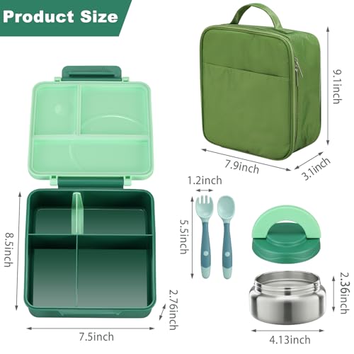 Bento Lunch Box Set for Kids with 8oz Soup Thermo, Leak-Proof Lunch Containers with 4 Compartment, Kids Thermo Hot Food Jar and Insulated Lunch Bag for Kid to School-Green - color: Green