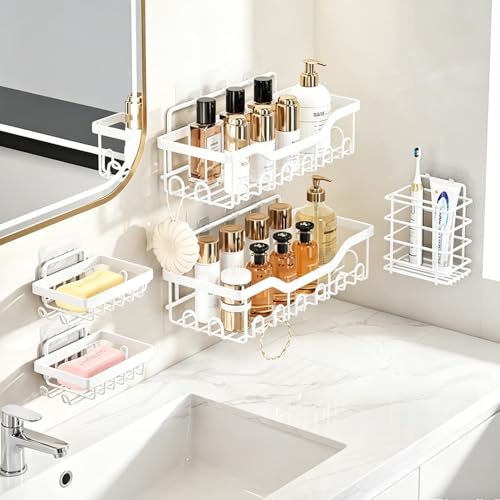 Fammart Adhesive Shower Caddy, 5-Pack Rustproof Stainless Steel Bathroom Organizer with 28 Hooks, No-Drill Large Capacity Shower Shelves for Bathroom Storage & Home Décor, White - color: 5-Pack,Stainless Steel - White