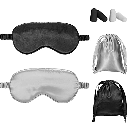 Silk Satin Sleeping Mask Eye Mask Set Include 2 Blindfold Eyeshade Elastic Strap Double Layer Silk Filling Eye Cover 2 Ear Plugs 2 Storage Bags for Women and Men Sleep Travel Nap (Black, Gray) - color: Black, Gray