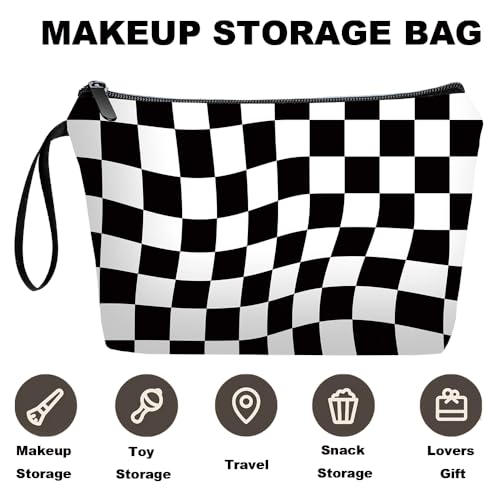 Black Checkered Gifts for Women – Unique Black Plaid Travel Makeup Bag Set with Mirror, Cosmetic Pouch Set for Checkered Lovers & Mom - color: Checkered Black-2S