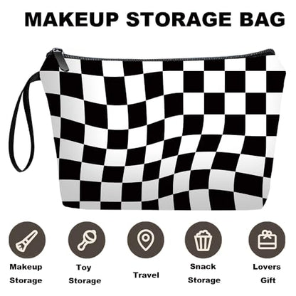 Black Checkered Gifts for Women – Unique Black Plaid Travel Makeup Bag Set with Mirror, Cosmetic Pouch Set for Checkered Lovers & Mom - color: Checkered Black-2S