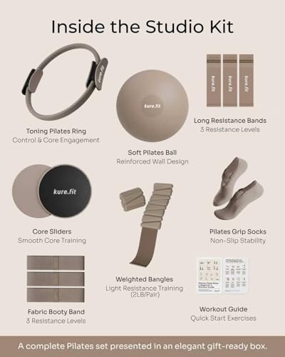 Pilates Kit for Women – Home Pilates Equipment Set with Ring, Ball & Resistance Bands | Pilates Starter Kit with Accessories in Gift Box - color: Taupe, style: Studio Kit - 15PC