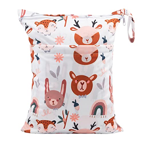 babygoal Wet Dry Bags for Baby Cloth Diapers, Washable Travel Bags, Beach, Pool, Gym Bag for Swimsuits & Wet Clothes with Two Zippered Pockets 3 Pack, 3LN23 - color: Animal world