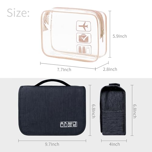 Lcsmaokin Large Capacity Toiletry Bag Travel Bag with Hanging Hook for Men and Women Waterproof Travel Cosmetic Bag Bathroom Bag,with TSA Approved Zippers Clear Travel Makeup Bag Carry-on - color: A-Black+Clear Rose Gold