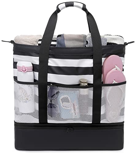 JIANYA Beach Bag Women Waterproof Sandproof Beach Tote Bags with Cooler Top Zipper Large Totes for Pool Travel Daily - color: Black Stripes