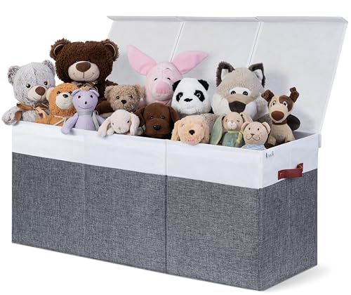 SoftOwl Extra Large Toy Storage Organizer with Lid - Sturdy, Collapsible Toy Chest Storage Box Design - Toys Bin with Dividers for Kids, Nursery, Bedroom, Playroom 37"x16"x14" - color: Gray & White