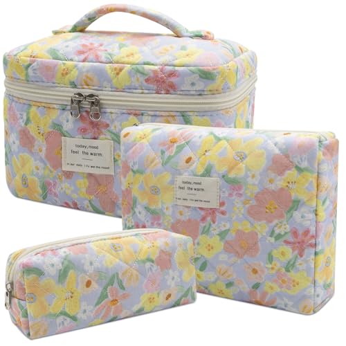 Gosect 3pc Makeup Bag Set, Quilted Makeup Bag Set, Large Floral Cosmetic Bag for Women, Cute Cotton Makeup Bags, Flower Travel Toiletry Organizer Bag (Large Flower) - color: Big Flower