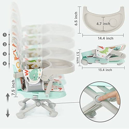 YOLEO Baby High Chair Booster Seat for Dining Table, Foldable High Chairs with Adjustable Heights, Travel Booster Seat with Removable Tray - color: Green, size: With Cushion