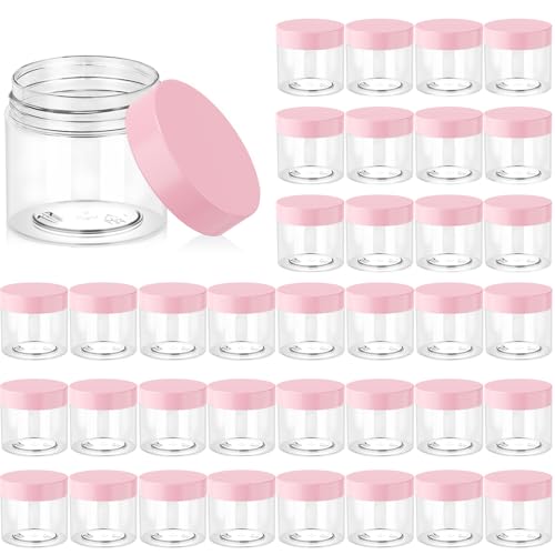 Eternal Moment 36 Pack 2 OZ Plastic Jars Round Clear Cosmetic Container Jars with Pink Lids, Perfect for Lotion, Slime，Cream, Ointments, Makeup, Eye Shadow, Samples, Pot, Travel Storage - color: Pink Lid, size: 2 Ounce