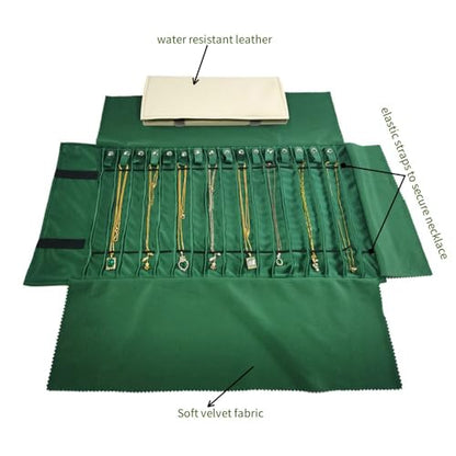 Portable Jewelry Roll Untangled Secure Necklace Travel Storage Bag Displays Holder 16 Chain (gray PU and green) - color: gray PU and green