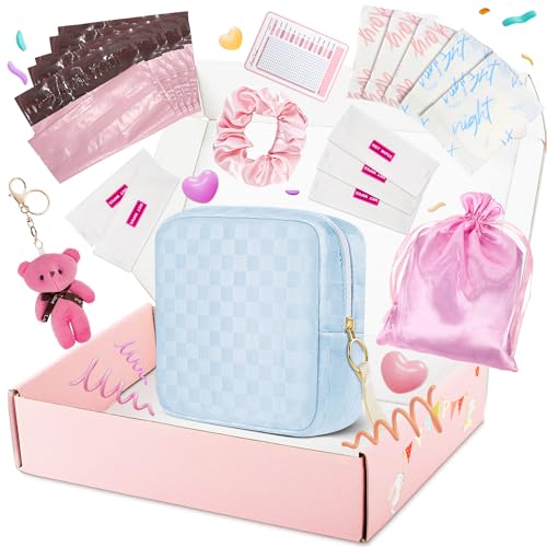 Likesing First Period Kit for Girls, 5.3" Checkered Tampon Holder for Purse, Menstrual Starter Tampon Bag Pad Pouch, Emergency Sanitary Napkin Storage Bag Teen Period Kit Gifts for Tweens - color: Blue