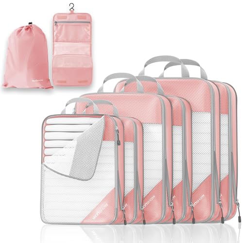 Compression Packing Cubes 8 Set, Compressible Space-Saving Packing Cubes for Travel - Compression Bags, Luggage Organizer, Travel Essentials for Women, Beige - color: Pink, size: 8 pcs
