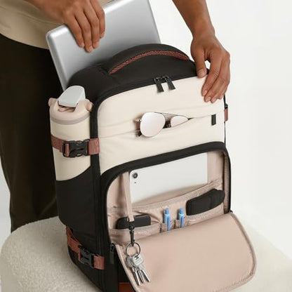 mibasies 30L Travel Backpack for Women & Men: Flight Approved Carry On Backpack, TSA Personal Item Bag with Water Bottle Pocket, Weekender Essentials Backpacks fits 15.6" Laptop - Black White Brown - color: Black White Brown, size: Large