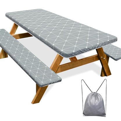 Picnic Table Cover with Bench Covers 6FT 3 Pcs Waterproof Windproof Aesthetic Camping Tablecloth with Drawstring Bag, Fitted for 6 Foot Rectangle Tables and Seats, 72 inch, Grey - color: Grey