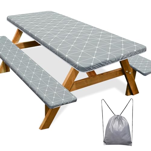 Picnic Table Cover with Bench Covers 6FT 3 Pcs Waterproof Windproof Aesthetic Camping Tablecloth with Drawstring Bag, Fitted for 6 Foot Rectangle Tables and Seats, 72 inch, Grey - color: Grey