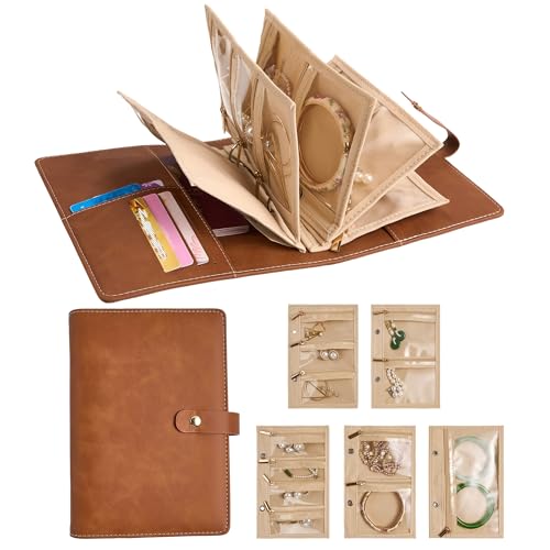 PU Leather Jewelry Binder Storage Case - Jewelry Boxes Travel Binder Organizer Book Ring Binders with Zipper Velvet Pouch Bags for Bracelet Earring Rings Necklaces - Brown - color: Flatpattern_brown
