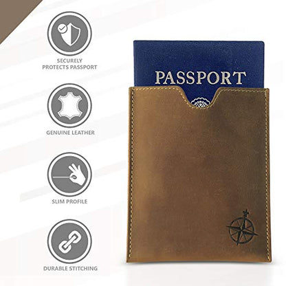 WANDERINGS Leather Passport Holder – Travel - Handmade Genuine Leather Wallet with Passport Pocket and Card Slots - RFID Blocking for Security Against Data Theft - style: Sleeve