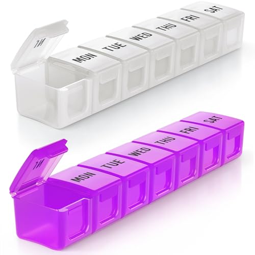 BUG HULL Weekly Pill Organizer Large 2 Packs, Extra Large Travel Pill Organizers, Pill Box 7 Day, Travel Pill Case, Medicine Pill Organizer for Vitamins, Supplements and Medication (White+Purple) - color: Purple + White