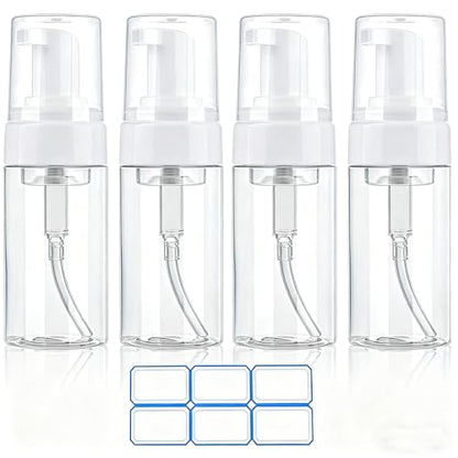 4 Pack 3.4 Oz (100ml) TSA Approved Travel Size Foam Pump Bottles for Toiletries Clear Travel Size Bottles Leak Proof with Labels