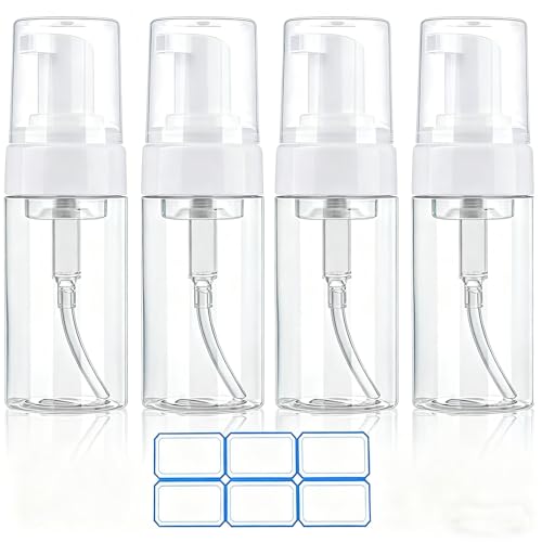 4 Pack 3.4 Oz (100ml) TSA Approved Travel Size Foam Pump Bottles for Toiletries Clear Travel Size Bottles Leak Proof with Labels