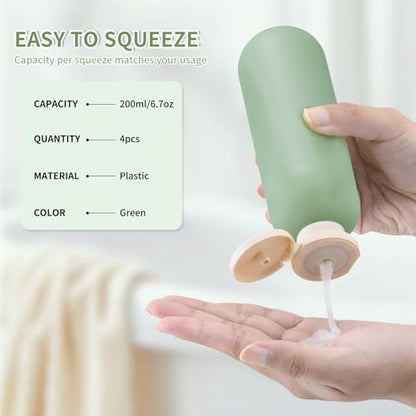 Empty Shampoo Bottles 6.7oz - Large Size Refillable Plastic Liquids Toiletry Containers - Empty Leak Proof Lotion Toiletries Dispenser - Green Flip Cap Top Body Wash and Cosmetic Set 4 Pack - color: Green