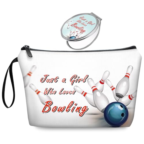 Unique Bowling Makeup Bag Set Gift with Mirror, Trendy Bowling Cosmetic Pouch for Women, Bowling Gift for Mom Coach Team Player Birthday Party Favors - color: Bowling-white-2S
