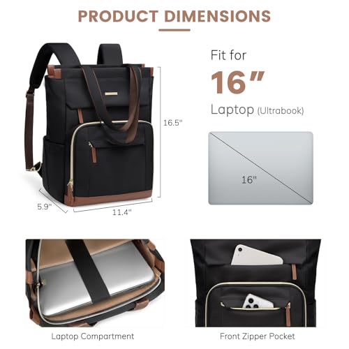 Convertible Daypack Laptop Backpack for Women Men Carry on Tote Backpack Bookbag for College Work Nurse Travel,16Inch,Black - color: Black Brown