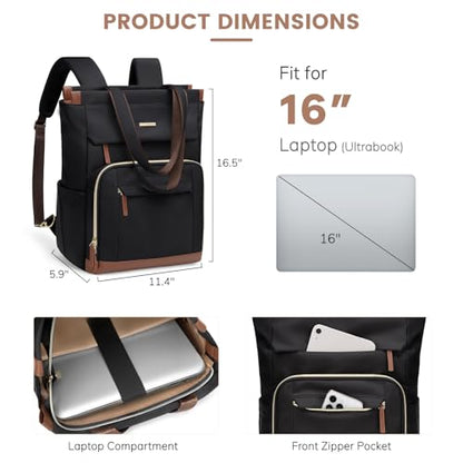 Convertible Daypack Laptop Backpack for Women Men Carry on Tote Backpack Bookbag for College Work Nurse Travel,16Inch,Black - color: Black Brown