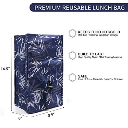 SUNNY BIRD Insulated Lunch Bag Rolltop Lunch Box Tote Bag for Women, Men, Adults and Teens (Blue Bamboo) - color: Blue Bamboo