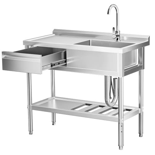 39" 304 Stainless Steel Utility Sink with Faucet – Free Standing Single Bowl Kitchen Sink with Workbench & Drawer Storage, Hot/Cold Water Pipes for Laundry, Farmhouse & Outdoor Use - color: 39" Left-Drawer Sink