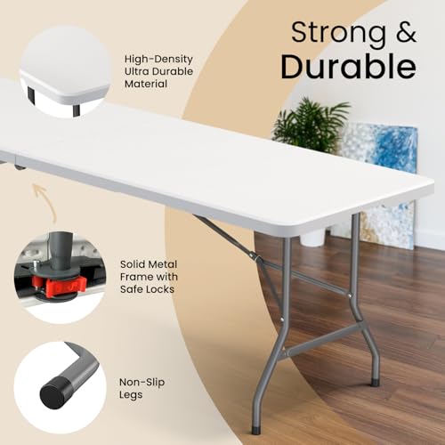Our Modern Space 8 Feet Foldable Table with Built in Handle & Steel Legs | Heavy Duty Portable | Perfect for Party, Dining, Wedding, Events, Picnic Indoor, Outdoor, Camping, Utility, Temporary - color: White, size: 8 FT