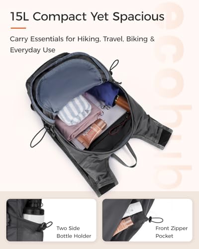 ECOHUB 15L Lightweight Packable Hiking Backpack for Travel, Small Daypack with Chest Strap & Phone Pocket, Water Resistant Foldable Backpack for Men Women - color: Grey