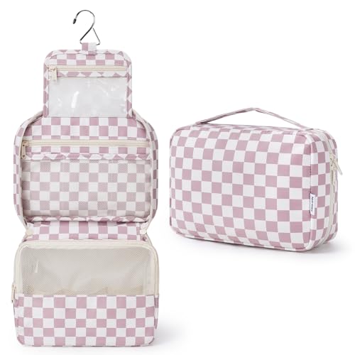 Narwey Small Hanging Travel Toiletry Bag for Women, Travel Bag for Toiletries, Makeup Bag Organizer Cosmetic Bags Make Up Bags for Girls - color: ZA-Dusty Pink Checkerboard