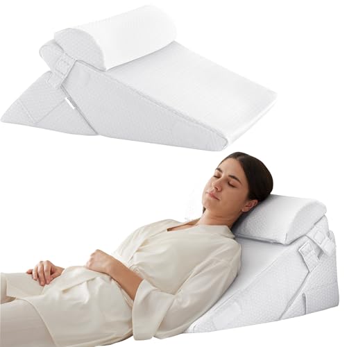 Bedluxe 3Pcs Orthopedic Bed Wedge Pillow Set, Foam Wedge Pillow Post Surgery for Back, Leg and Knee Support, Adjustable 9&12 Inch Folding Triangle Pillow for Sleeping, Acid Reflux, Snoring, White - color: White, size: Adjustable 9&12 Inch + 1 Head Pillow