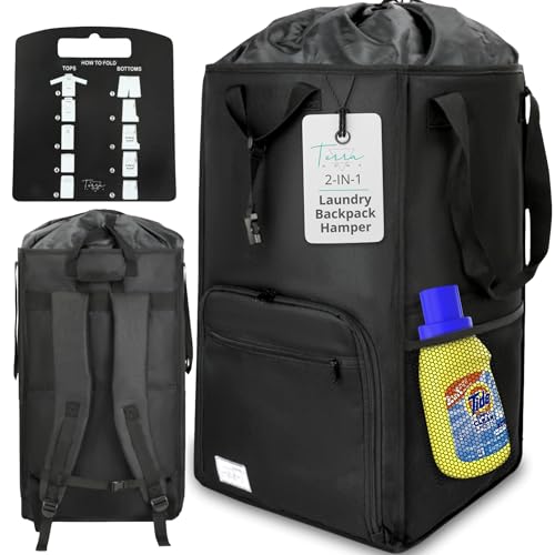 TERRA HOME College Essentials Travel Size Laundry Backpack - Portable, Durable, Foldable - Laundry Bag with Pockets for College Dorms - Extra Large Laundry Carrying Bag with Strap (Black) - color: Black